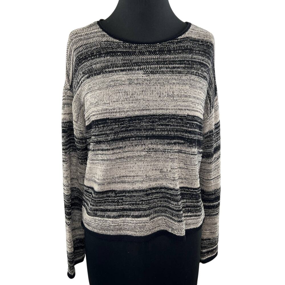 EILEEN FISHER Gray Black Striped Long Sleeve Round Neck Wool Blend Sweater Sz S